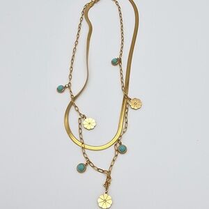 Boho Necklace Turquoise Flower 2 Strand Necklace Gold Turquoise Plated